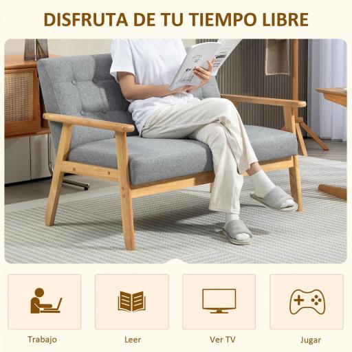 Sofá de 2 Plazas Tapizado en Lino con Reposabrazos de Madera Respaldo Acolchado Carga 250 kg Gris Claro [4]