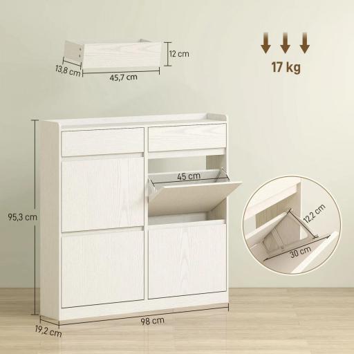 Zapatero Estrecho con 2 Cajones 4 Compartimentos Abatibles y Encimera para 8 Pares 98x19,2x95,3 cm Blanco Veteado [1]