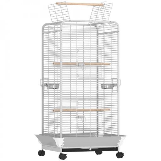 Jaula para Loros con Ruedas Perchas Comederos y Bandeja Extraíble Pajarera para Cacatúas Cotorras 79x73x146cm Gris Claro [8]