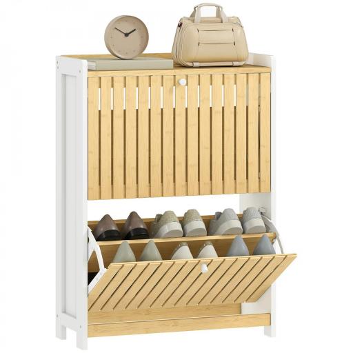 Zapatero Estrecho con 2 Puertas de Bambú con Listones Estantes Ajustables para 12 Pares de Zapatos Blanco y Natural [9]