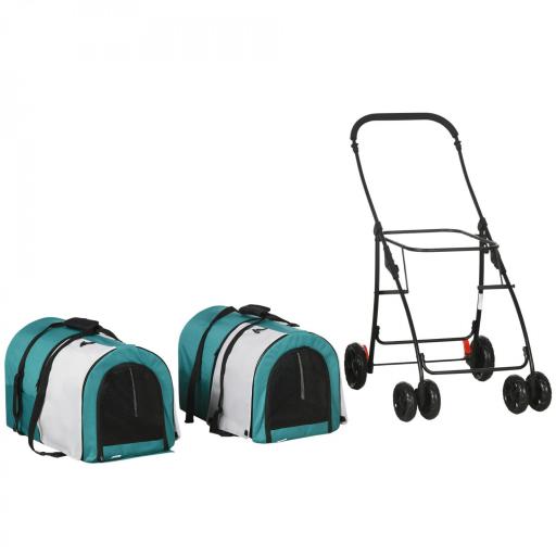 Cochecito Doble para Perros Gatos Plegable con 2 Transportines Extraíbles con Cinturón y Cojines 66x50x98cm Verde y Gris [6]