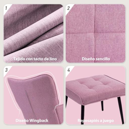 Silla Mecedora con Reposapiés con Cojín Acolchado Reposabrazos Respaldo Alto Patas de Madera Carga 130 kg Rosa [3]
