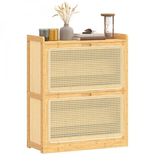 Zapatero Estrecho de Bambú con 2 Cajones Abatibles de Ratán para 12-14 Pares de Zapatos 69x29x83 cm Natural [9]