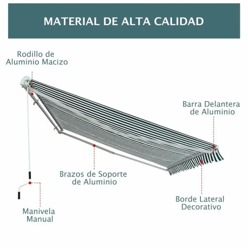 Toldo Manual Retráctil 295x250cm Ángulo Ajustable con Manivela para Exterior Balcón Jardín Terraza Verde [5]