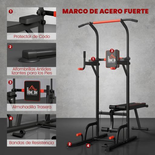 Torre Entrenamiento Energía Power Tower Estación Pull Up Multifuncional Ajustable en Altura con Banco Plegable Barra de Dominadas para Fitness 220x98x181-229 cm Negro [4]