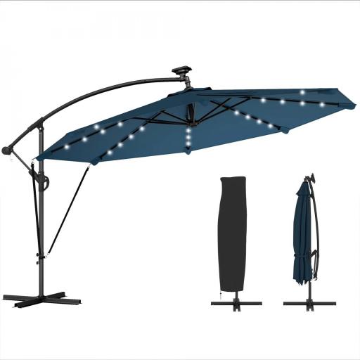Parasol Excéntrico con Luces LED Solares Ø345 cm Sombrilla Jardín de Aluminio con Base Cruzada Manivela Funda Azul [8]