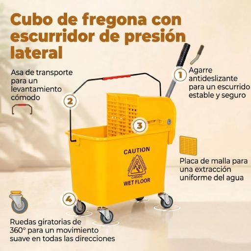 Cubo de Fregar 20L con Ruedas y Escurridor Cubo para Fregona con Separador de Agua 60x27x70,5 cm Amarillo [4]