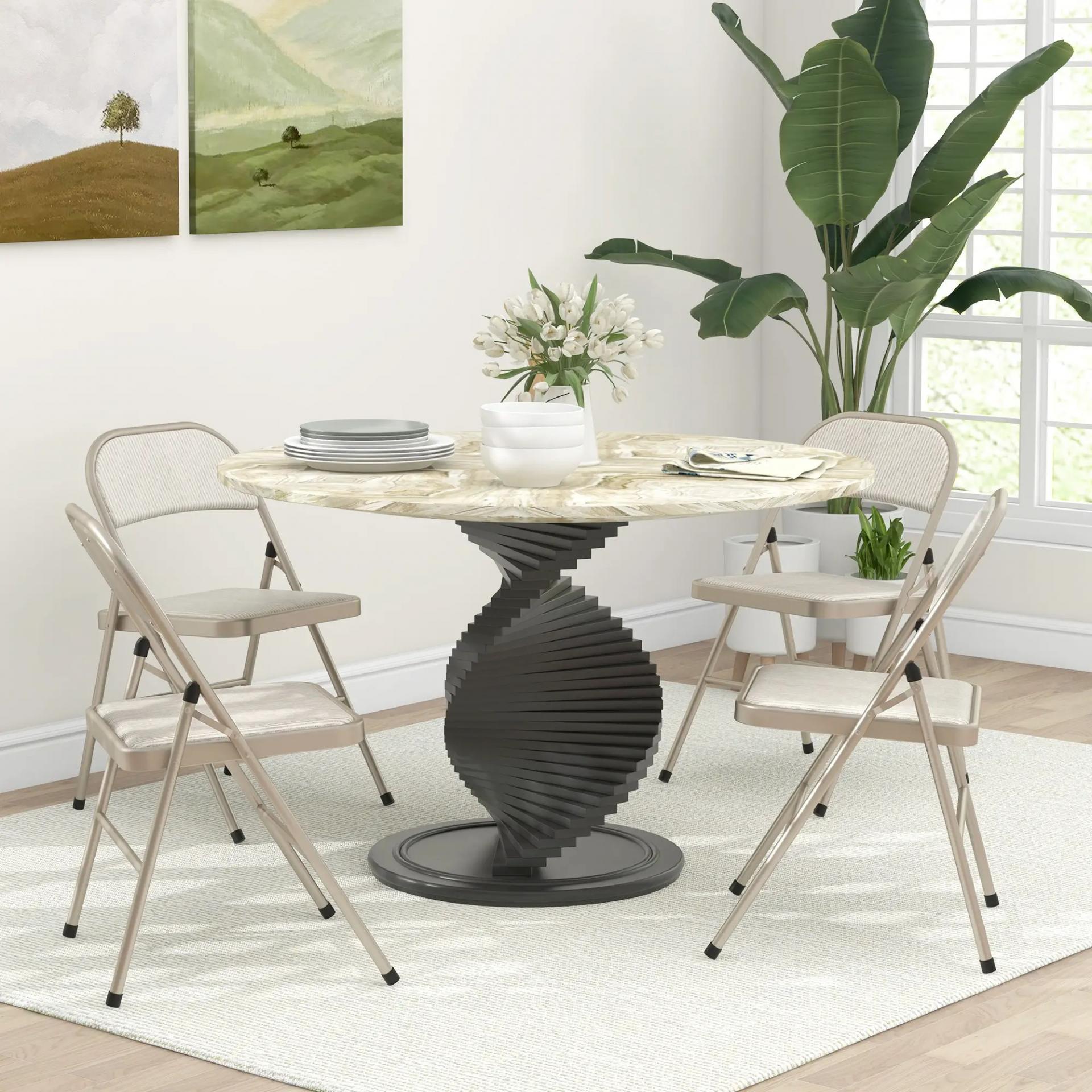 Juego de 4 Sillas Plegables Tapizadas en Lino Sintético con Respaldo y Estructura de Acero para Salón 45x46x78 cm Beige
