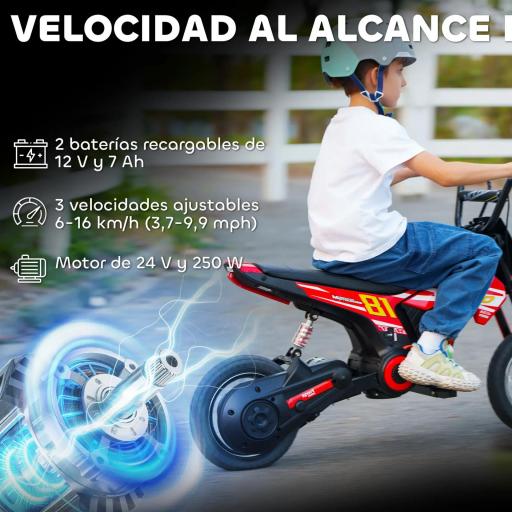 Moto Eléctrica para Niños 24V con Motor 250W Velocidad de 6-16km/h Ruedas de 12'' para Niños de 8-12 Años Rojo [2]