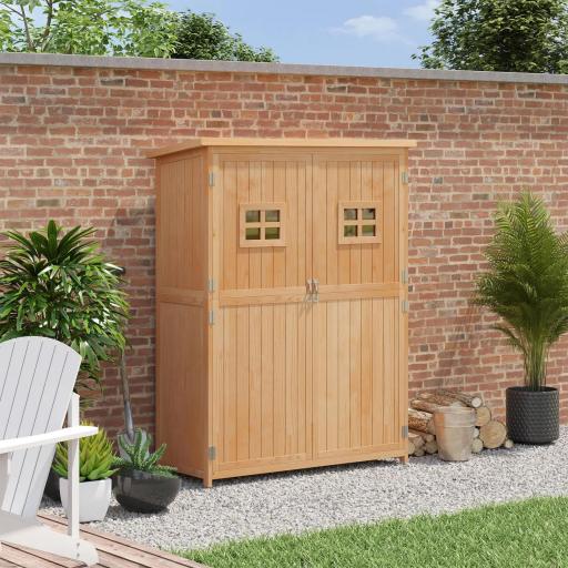 Armario de Madera para Exterior para Herramientas de Jardinería con Doble Puerta y Estantes 127,5x50x164 cm Natural