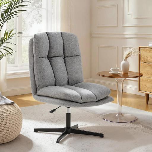 Butaca de Salón Giratorio 360° Altura Ajustable Asiento Ancho Tapizado en Lino Base de Metal Gris Claro