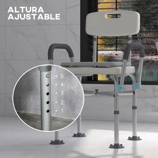 Silla Ducha Personas Mayores con Respaldo Reposabrazos Altura Ajustable Cojín Acolchado Extraíble Carga 136 kg Gris [5]