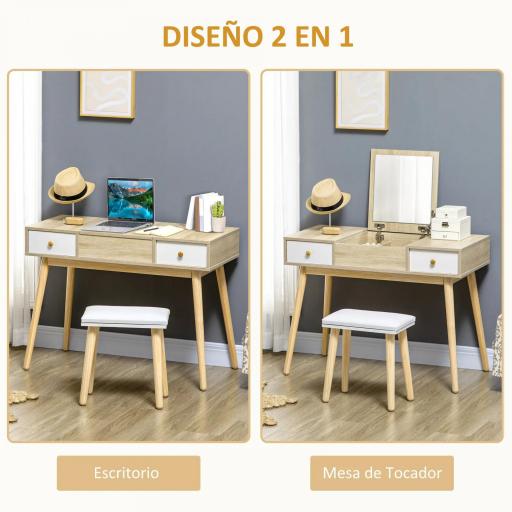 Tocador de Maquillaje con Espejo Abatible 100 cm Mesa de Maquillaje con Taburete Acolchado Cojín Suave Compartimentos y Cajones Patas de Madera Maciza Color Natural [2]