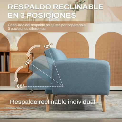 Sofá Cama de 3 Plazas Azul Polvo Tapizado en Lino Sintético con Respaldo Ajustable y Reposabrazos Desmontables 173x75x73 cm Azul Claro [2]