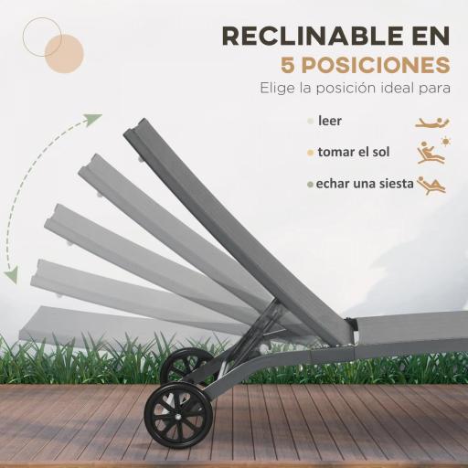 Juego de 2 Tumbonas Reclinables de Jardín de Aluminio con Respaldo Ajustable y Ruedas 165x66x102 cm Gris Oscuro [3]
