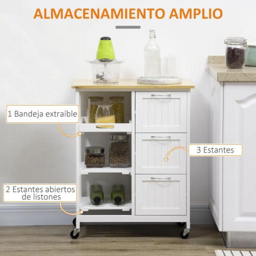 Carro de Cocina con Ruedas Carrito de Servicio con Cajones Estantes y Bandeja Extraíble 67x37x87 cm Blanco [2]