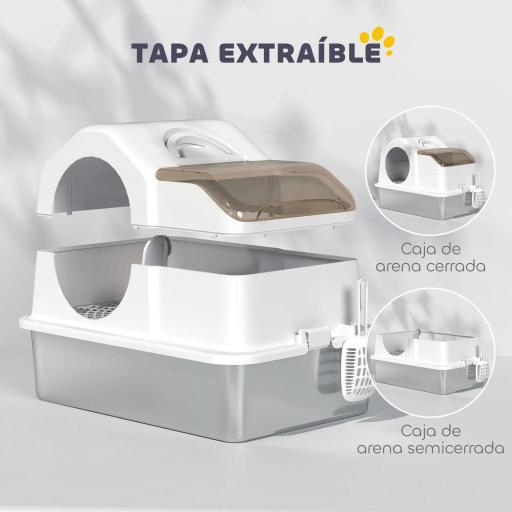 Arenero para Gatos Cubierto con Bandeja de Acero Inoxidable Tapa Extraíble Bordes Altos Fácil de Limpiar Blanco [2]