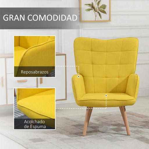 Sillón Individual con Respaldo Alto Reposabrazos Tela de Lino y Patas de Madera para Comedor Cocina 71x76x101cm Amarillo [2]