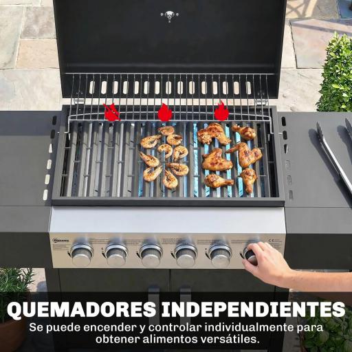 Barbacoa de Gas con 6 Quemadores Termómetro Parrilla Mesas Laterales Armario y Ruedas 135x51x101 cm Negro [3]