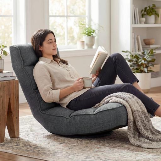 Silla de Suelo Plegable Silla de Lectura Giratoria 360° con Respaldo Ajustable en 5 Posiciones 58x107x79 cm Gris [2]