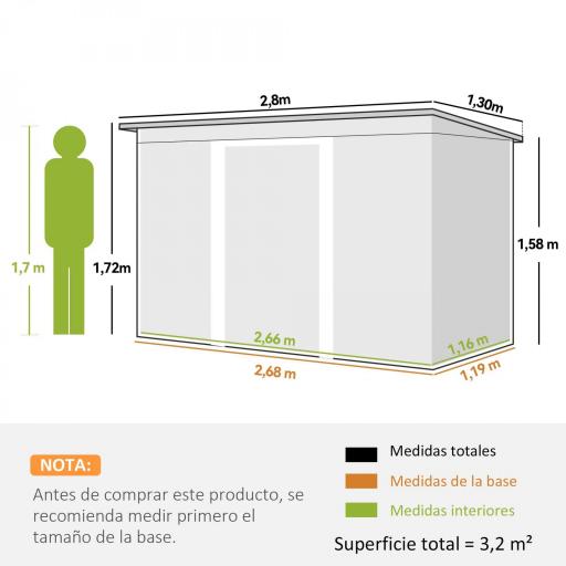 Caseta de Exterior 280x130x172 cm Cobertizo de Jardín con Puertas Correderas Base y Ventilaciones Verde Claro [1]