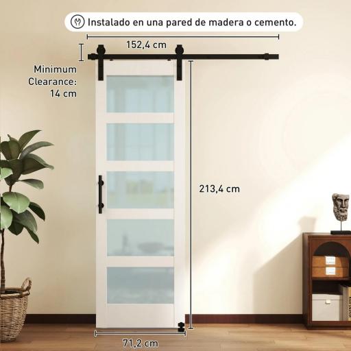 Puerta Corredera Interior 71x213 cm con Kit de Montaje, MDF y Vidrio Esmerilado, Riel y Herrajes, Blanco [1]