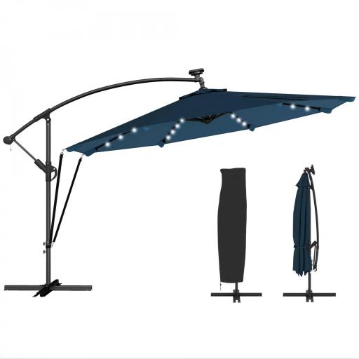 Parasol Excéntrico con Luces LED Solares Ø345 cm Sombrilla Jardín de Aluminio con Base Cruzada Manivela Funda Azul [9]