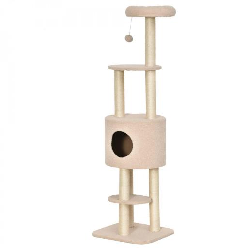 Árbol Rascador para Gatos Altura 148 cm Árbol para Gatos con Postes de Sisal Plataformas Casa y Bola Colgante Beige [8]