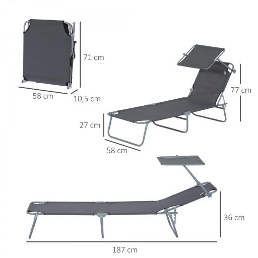 Tumbona de jardín Plegable con Toldo y Respaldo Reclinable para Jardín Terraza Acampada 187x58x36cm Gris [1]