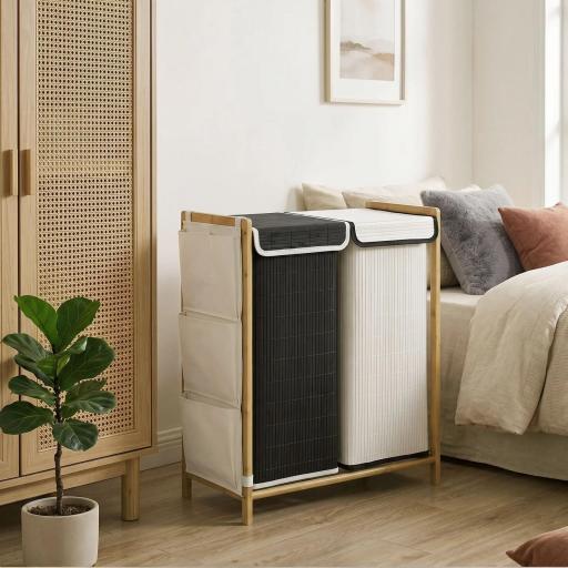 Cesto de Ropa Sucia con Tapa 120L de Bambú con 2 Compartimentos Bolsas con Cordón Bolsillos Laterales Blanco y Negro [7]
