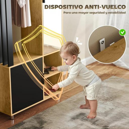 Armario Ropero con Puerta con Espejo Barra para Colgar 2 Compartimentos Abiertos 80x30x170 cm Natural y Negro [3]