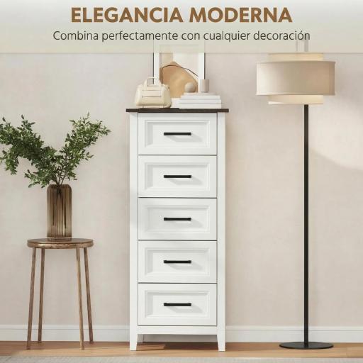 Cómoda Dormitorio Estrecho y Alto con Encimera Efecto Madera Cajonera para Espacios Pequeños 45x35x106 cm Blanco [6]