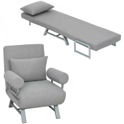Sillón Cama Individual 3 en 1 Sofá Cama Plegable con Respaldo Ajustable y Cojín para Sala Dormitorio 73x78x81 cm Gris [8]