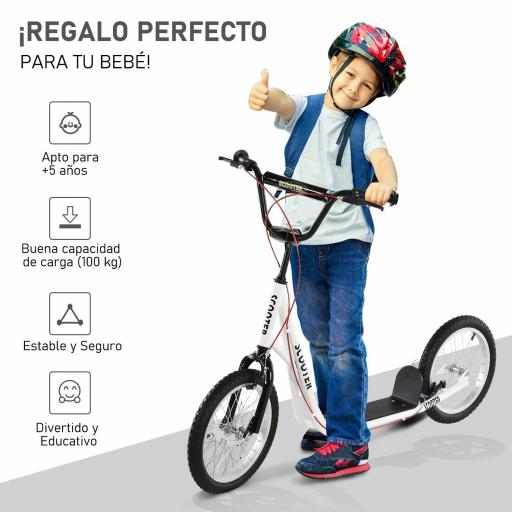 Patinete para Niños +5 Años, Patinete Infantil de 2 Ruedas, con Manillar Ajustable en Altura, 2 Neumáticos de Caucho Inflable, Doble Freno, Carga 100 kg, 139x58x90-96 cm, Blanco [2]
