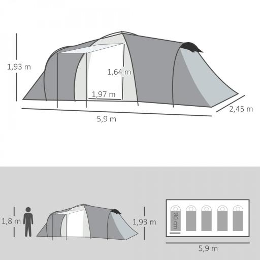 Tienda de Campaña Familiar para 4-6 Personas con 2 Ventanas y Bolsa de Transporte Impermeable Anti-UV 590x245x193cm Gris [1]