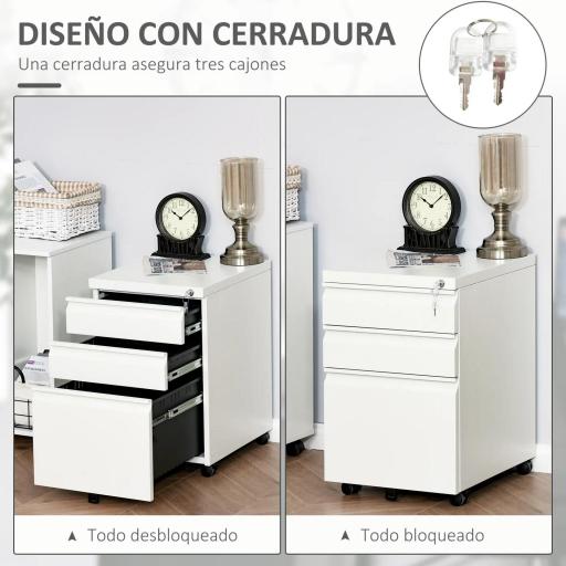 Cajonera de Oficina con Ruedas Mueble con Cerradura 2 Cajones y 1 Archivador para Tamaño A4 Carta 39x48x60 cm Blanco [5]