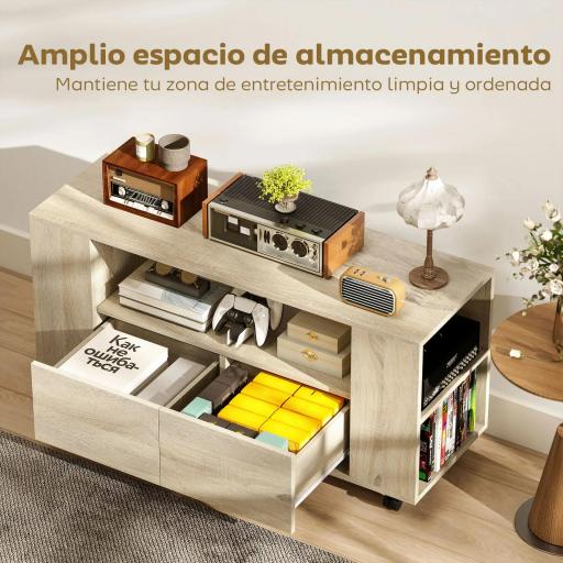 Mueble de TV con Ruedas para Televisión hasta 42 Pulgadas con 2 Cajones Estantes Ajustables Madera Natural [6]