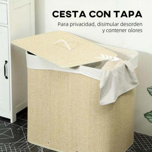 Cesto de Ropa Sucia de Bambú con 1 Compartimento Asas para Facilitar el Uso y Bolsas Desmontables Lavables 60x40x60 cm [5]