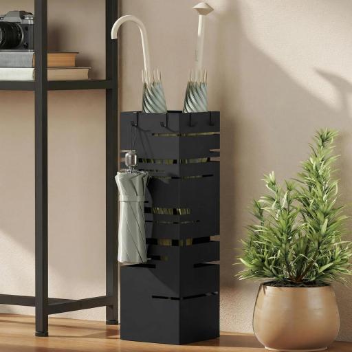 Paragüero Metálico con Bandeja de Goteo y 4 Ganchos, 15,5x15,5x49 cm, Negro [7]