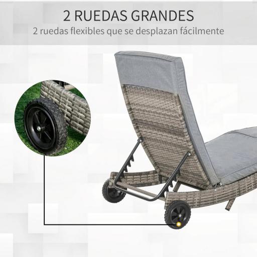 Tumbona de Jardín en Forma de S con 2 Ruedas Respaldo Ajustable en 5 Posiciones y Cojín Extraíble 207x70x70 cm Gris [2]