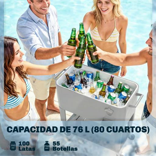 Carrito Nevera de 76L con Ruedas Estante Abrebotellas Recogetapas Drenaje y 2 Asas para Patio Fiesta 92x39x81 cm Plata [6]