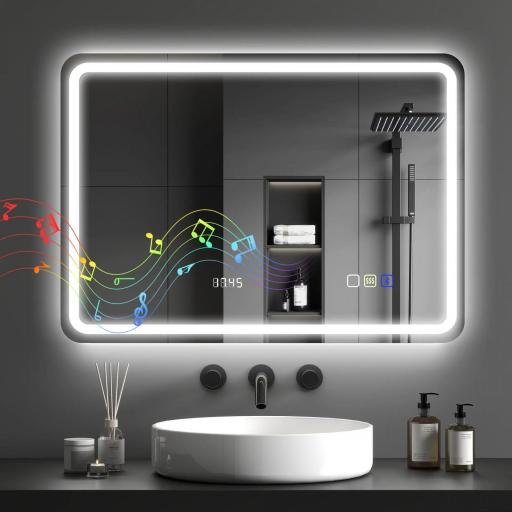 Espejo de Baño con Luz LED 70x50 cm con Bluetooth 3 Colores de Luz Reloj Digital Función Antivaho Función de Memoria [3]