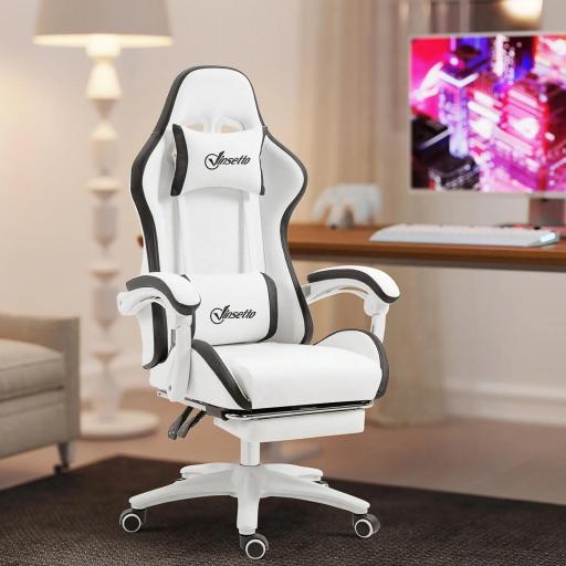 Silla Gaming Silla Gamer de Cuero PU Altura Ajustable Reclinable 135° Reposacabezas y Reposapiés 65x65x121-129 cm Blanco [0]
