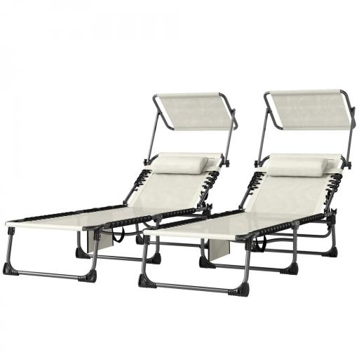 Set de 2 Tumbonas Plegables con Reposacabezas Parasol Bolsillo Lateral y Respaldo Reclinable en 5 Posiciones Crema [8]