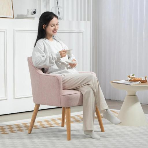 Butaca de Salón Moderna Sillón Individual Tapizado en Lino con Patas de Madera Carga 120 kg 64,5x65x79,5 cm Rosa [4]