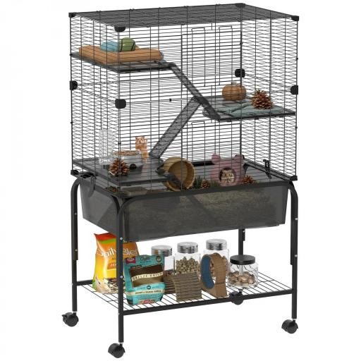 Jaula para Animales Pequeños de 4 Niveles con Ruedas Bandeja Profunda Rampas Plataformas y Comedero 73x47x123 cm Negro [9]