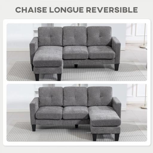 Sofá Chaise Longue Reversible con Estructura de Acero Tapizado en Chenilla 186x130x84cm Gris Oscuro [4]