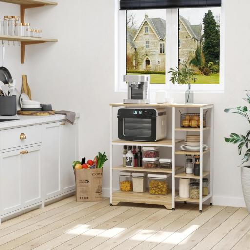 Estante de Cocina Estantería para Microondas Horno Multiusos con 7 Estantes de Almacenamiento para Utensilios Libros Plantas 90x40x95 cm Madera Natural