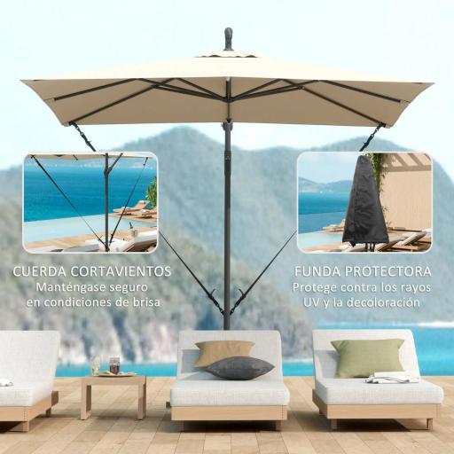 Parasol Excéntrico 247x247 cm con Base Cruzada Manivela Funda Protectora y Toldo Giratorio 360° 247x247x256 cm Caqui [2]