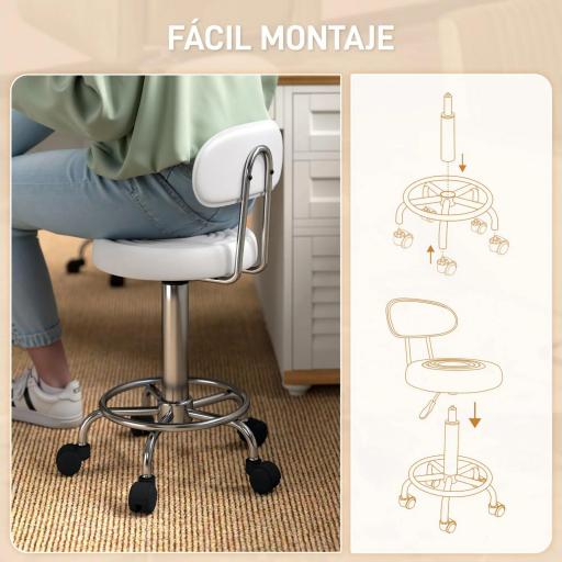 Taburete Giratorio con Respaldo y Ruedas Silla Ajustable para Salón de Belleza Estudio de Tatuajes 32x40x70-86cm Blanco [2]